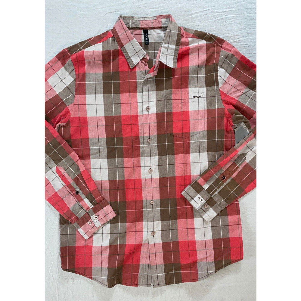 RVCA Long Sleeve Button Front Poly-Cotton Sport Shirt. Red Plaid, Men's XL. EUC!